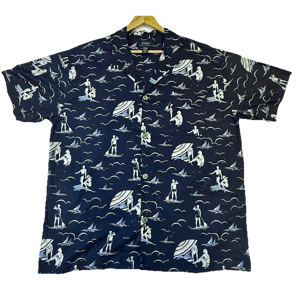 Polo Ralph Lauren Sleep Shirt Mens XL Navy Pajama Surf Print Camp Collar